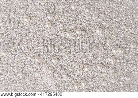 Background Texture Of White Pearls In Closeup. Abstract Background Or Surface With White Pearls, Jew