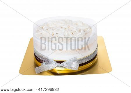 The Coconut Cake With Coconut Meat Layer On Topping Isolated On White Background.
Homemade Coconut F