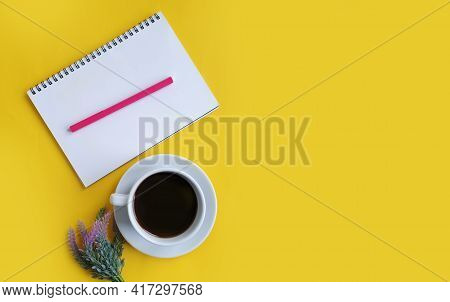 Notebook, Cup Of Coffee, Gypsophila Flower On Colored Background