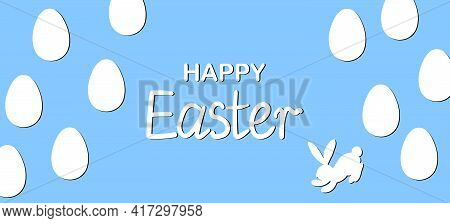 Easter Background With Eggs, Rabbit. Happy Easter Banner. Template Design For Greeting Card, Postcar