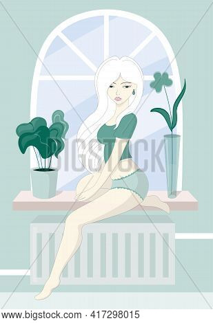 Young Blond Woman In Underwear Sitting On Windowsill At Home