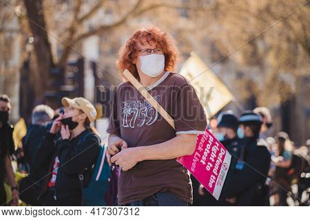 Westminster, London | Uk -  2021.04.17: People With Banners And Placards Marching At The Kill The Bi