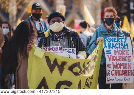 Westminster, London | Uk -  2021.04.17: People With Banners And Placards Marching At The Kill The Bi