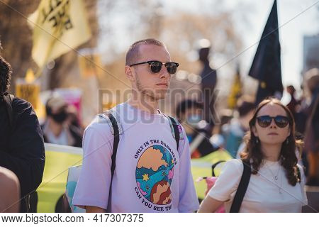 Westminster, London | Uk -  2021.04.17: People With Banners And Placards Marching At The Kill The Bi