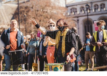 Westminster, London | Uk -  2021.04.17: Drummers Musicians At The Kill The Bill Protest