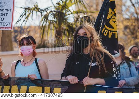 Westminster, London | Uk -  2021.04.17: People With Banners And Placards Marching At The Kill The Bi
