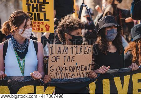 Westminster, London | Uk -  2021.04.17: People With Banners And Placards Marching At The Kill The Bi