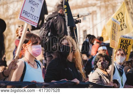 Westminster, London | Uk -  2021.04.17: People With Banners And Placards Marching At The Kill The Bi