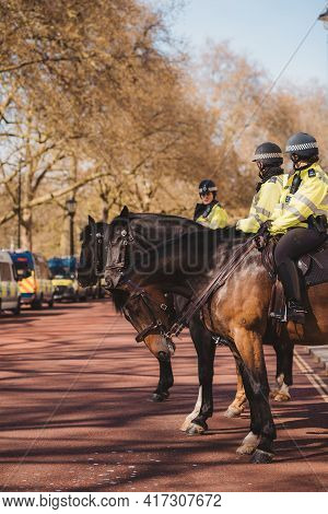 Westminster, London | Uk -  2021.04.17: Police Officers On Horses On Duty At The Kill The Bill Prote