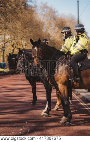 Westminster, London | Uk -  2021.04.17: Police Officers On Horses On Duty At The Kill The Bill Prote