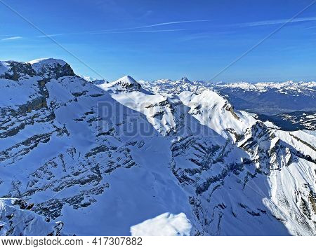 Snowy Alpine Mountain Peaks Le Sommet Des Diablerets And Tête Ronde Located In The Mountain Massif L