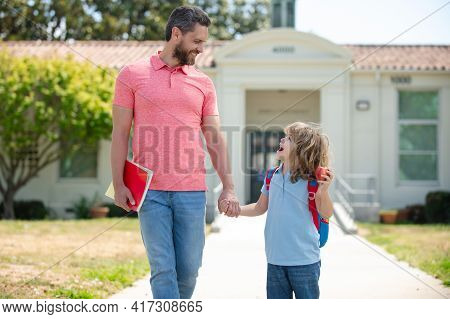 Father And Son Go To School, Education And Learning.