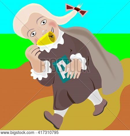 A Smart Girl Cheerfully Walks To Full-length Learning At School. Funny Girl, Art On Nature Backgroun