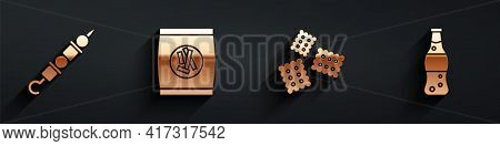 Set Grilled Shish Kebab, Hard Bread Chucks Crackers, Cracker Biscuit And Bottle Of Water Icon With L