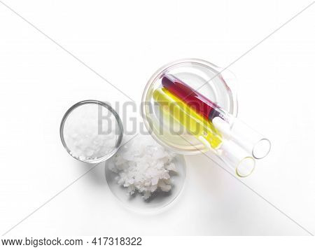 Microcrystalline Wax In Glass Container, Flake Salt In Chemical Watch Glass, Potassium Permanganate 