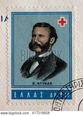 ZAGREB, CROATIA - SEPTEMBER 13, 2014: Stamp printed by Greece shows Jean Henri Dunant, International Red Cross series, circa 1963