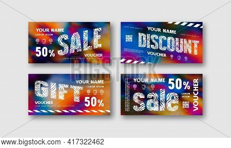 Stock Vector Set Of Discount Voucher Template. Printed On Color Hand Painted Psychedelic Tie Dye Blu