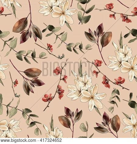 Branch, Flowers Watercolor Painting, Seamless Pattern. Watercolor Print.