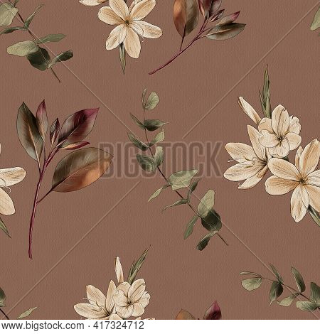 Branch, Flowers Watercolor Painting On A Dark Background , Seamless Pattern.