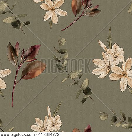 Branch, Flowers Watercolor Painting, Seamless Pattern. Watercolor Print.