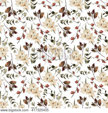 Branch, Flowers Watercolor Painting On A White Background , Seamless Pattern.