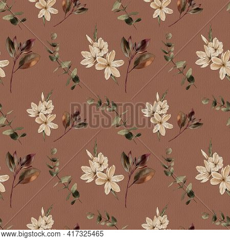 Branch, Flowers Watercolor Painting, Seamless Pattern. Watercolor Print.