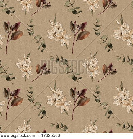 Branch, Flowers Watercolor Painting, Seamless Pattern. Watercolor Print.
