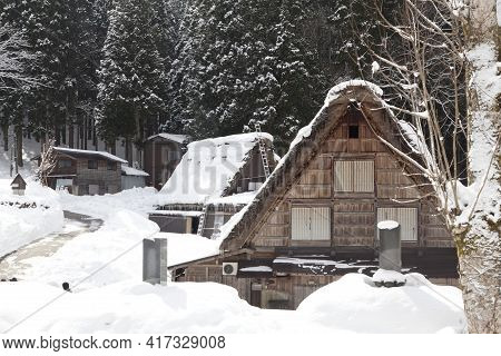 Shirakawa, Japan - Feb 1,2017 : Old Japanese Gassho Farmhouse At Shirakawa Go Village In Shirakawa, 