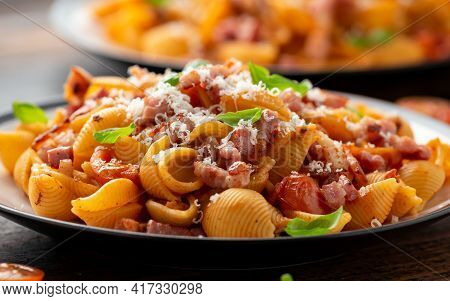 Conchiglie Alla Amatriciana Pasta With Pancetta Bacon, Tomatoes And Pecorino Cheese. Healthy Italian