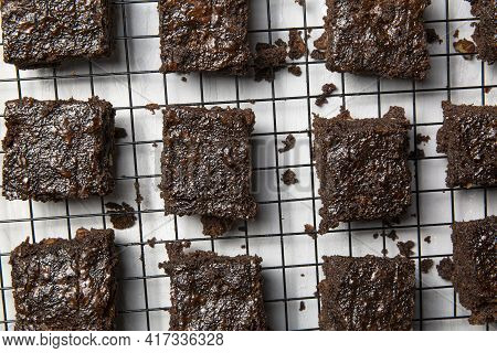 Tasty Chocalate Brownie On Baking Rack, Top View.