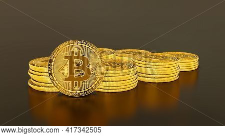 Bitcoin Crypto Currency Gold Bitcoin Btc Bit Coin. Close Up Shot Of Bitcoin Coins Background Blockch