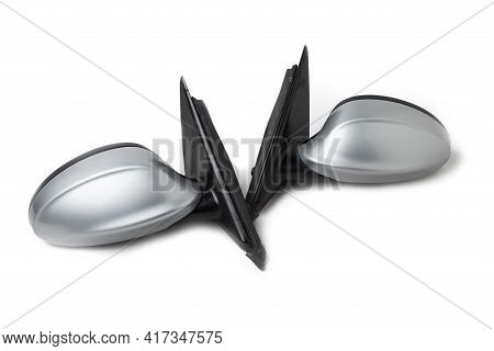 Close-up On A Two Black Side Mirror From A Sedan For Repair And Replacement After An Accident In A W