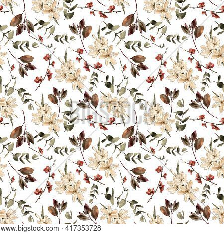 Flowers And Branches On A White Background, Watercolor Painting, Seamless Pattern.