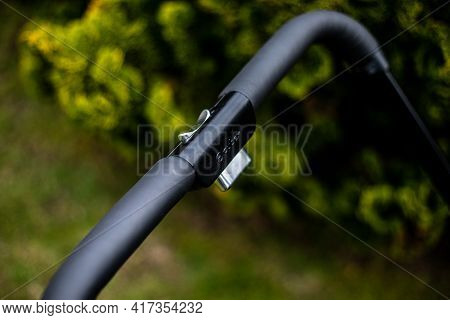 Budapest, Hungary - April 18, 2021: Cybex Priam Black Stroller Or Pram In The Park. Infant Carriage
