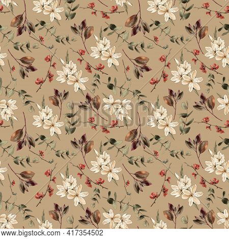 Flowers And Branches On A Beige Background, Watercolor Painting, Seamless Pattern.