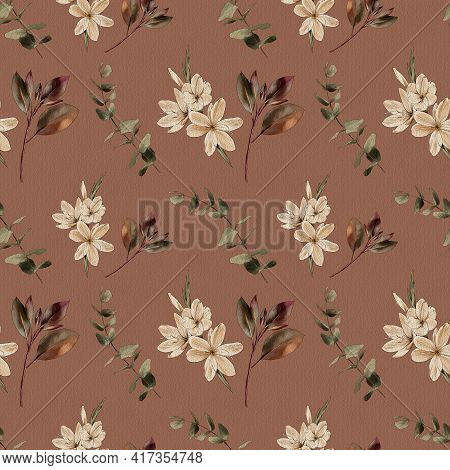 Flowers And Branches On A Red Brown Background, Watercolor Painting, Seamless Pattern.