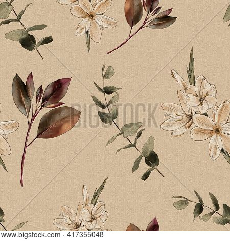 Botanical Vintage Background. Flowers And Branches On A Beige Background, Watercolor, Seamless Patte