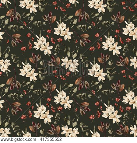 Botanical Vintage Seamless Pattern. Flowers And Branches On A Green Background, Watercolor Painting,