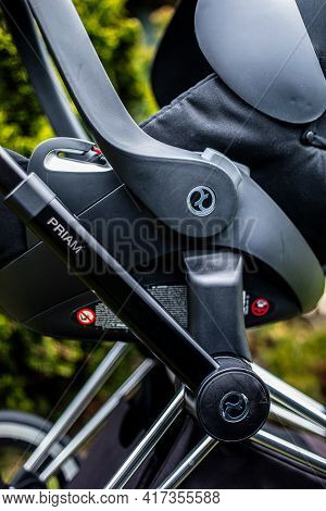Budapest, Hungary - April 18, 2021: Cybex Priam Black Stroller Or Pram In The Park. Infant Carriage