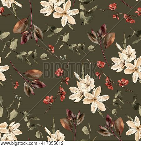 Botanical Vintage Seamless Pattern. Flowers And Branches On A Green Background, Watercolor Painting,