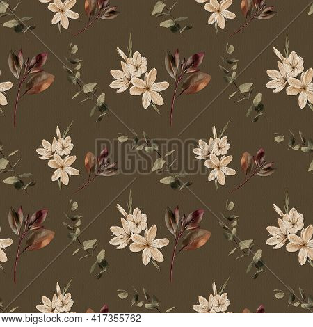 Botanical Vintage Seamless Pattern. Flowers And Branches On A Green Background, Watercolor Painting,