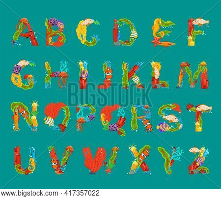 Sea Alphabet. Uppercase Letters Set. Creative Lettering.