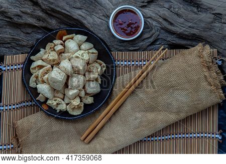 Deep Fried Crispy Tofu Or Fried Bean Curd Served With Sweet And Sour Spicy Sauce. Selective Focus.