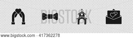 Set Wedding Arch, Bow Tie, Church Building And Greeting Card Icon. Vector