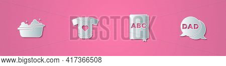 Set Paper Cut Baby Bathtub, Clothes, Abc Book And Speech Bubble Dad Icon. Paper Art Style. Vector