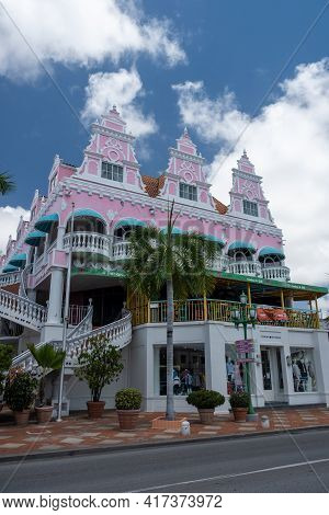 Oranjestad Aruba March 2021, Downtown Panorama With Typical Dutch Colonial Architecture. Oranjestad 