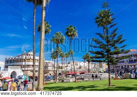 Tangier, Morocco - 17 October, 2019: Sunny View On Place Du Grand 9 Avril 1947 Or Grand Socco In Tan