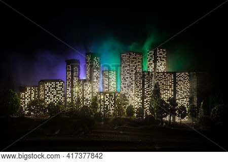 Cartoon Style City Buildings. Realistic City Building Miniatures With Lights. Background.