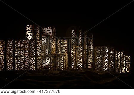 Cartoon Style City Buildings. Realistic City Building Miniatures With Lights. Background.
