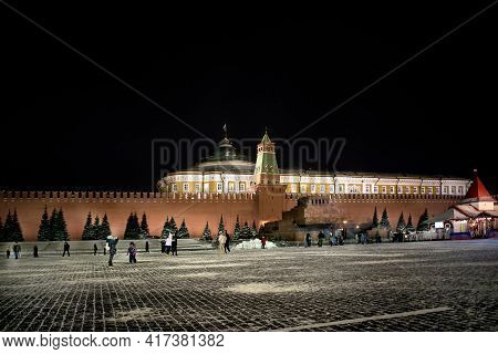 Moscow, Russia - January 15, 2021: A Splended View Of Moscow Kremlin And Red Square Illuminated In W